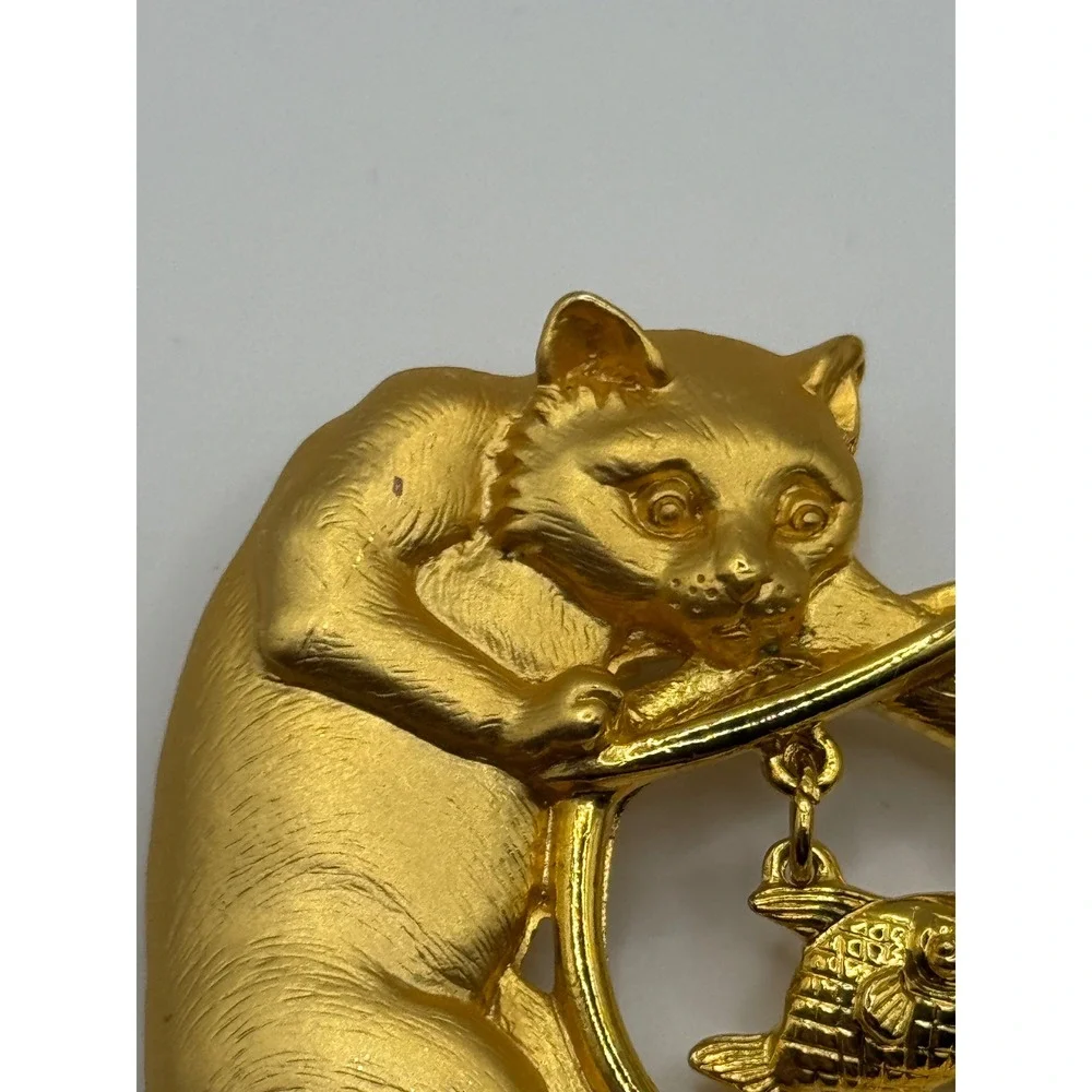 Vintage JJ Jonette Cat Fishbowl Brooch Gold Tone Pin